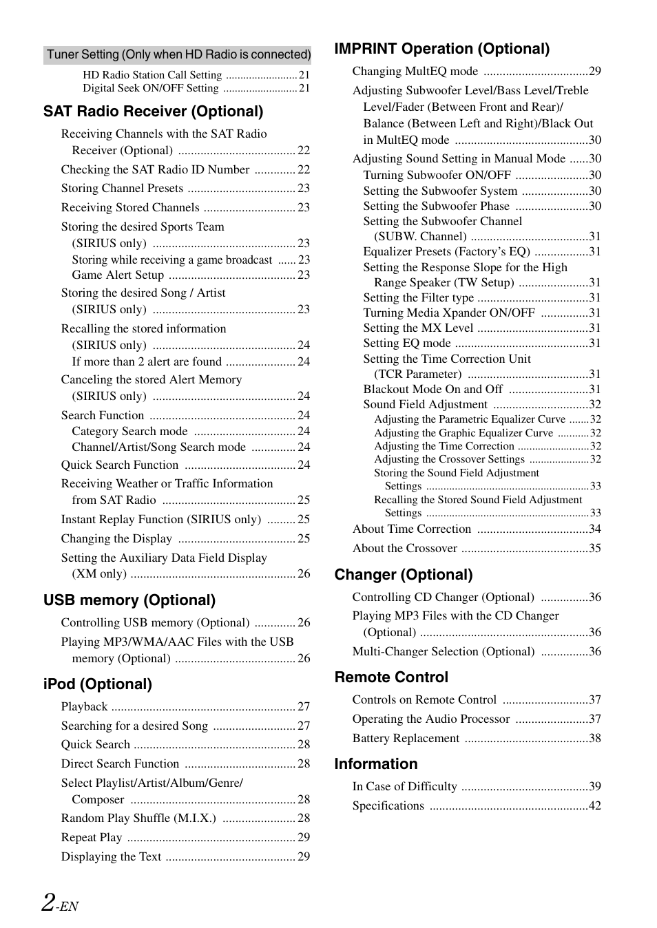 Sat radio receiver (optional), Ipod (optional), Imprint operation (optional) | Changer (optional), Remote control, Information | Alpine CDA-9886M User Manual | Page 4 / 50
