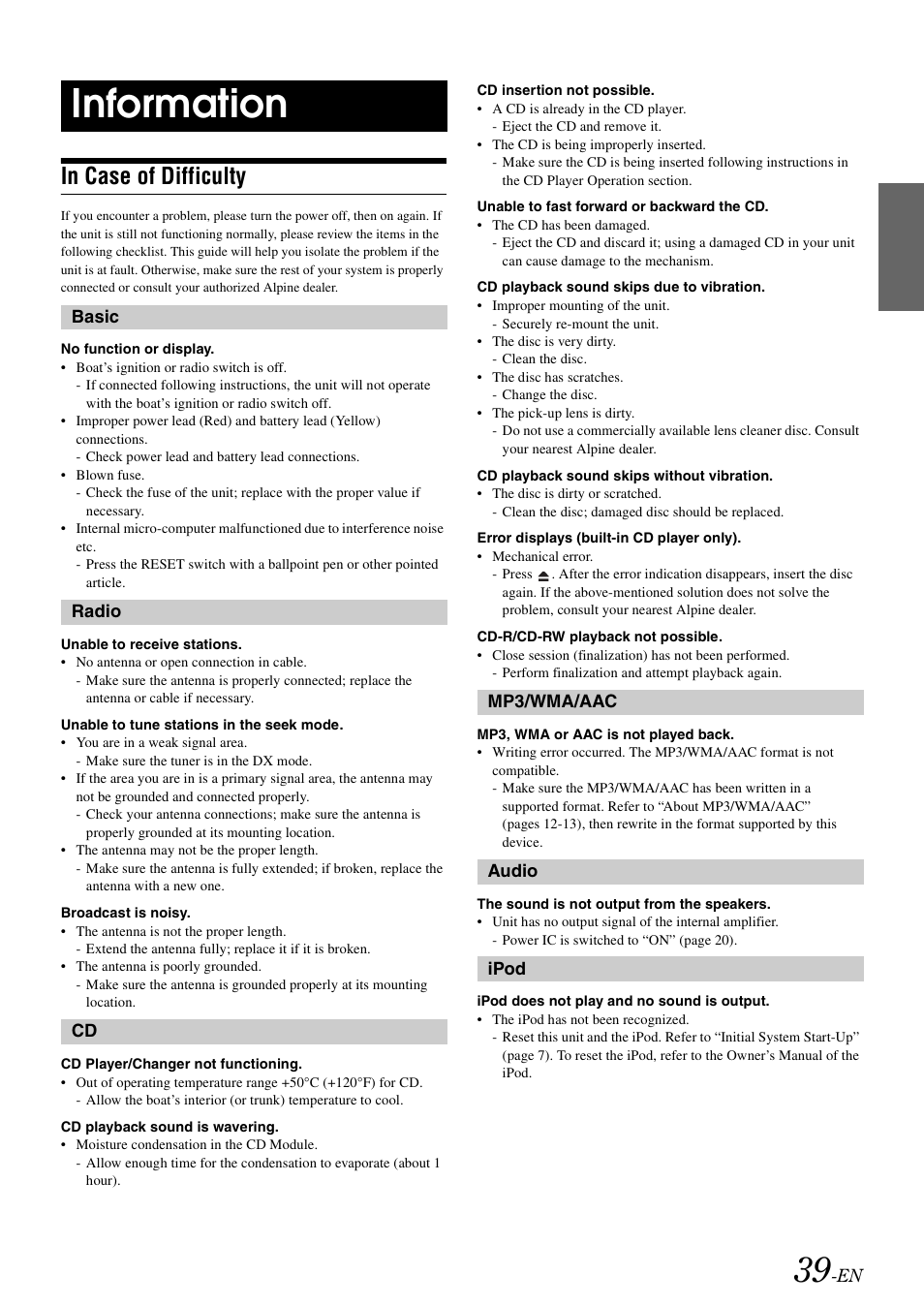 Information, In case of difficulty | Alpine CDA-9886M User Manual | Page 41 / 50