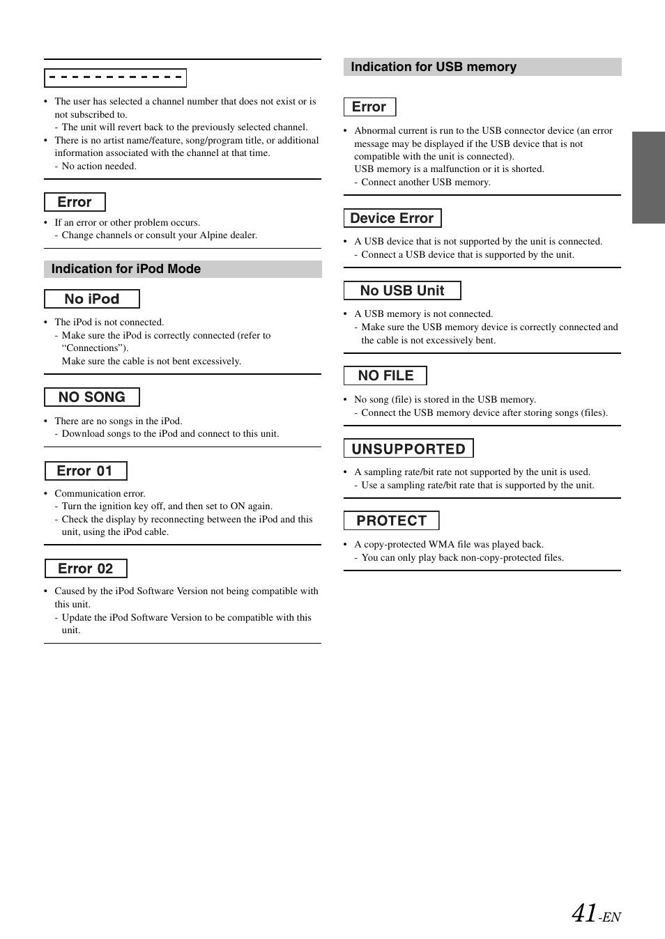 Error device error no usb unit no file | Alpine CDA-9886M User Manual | Page 43 / 50