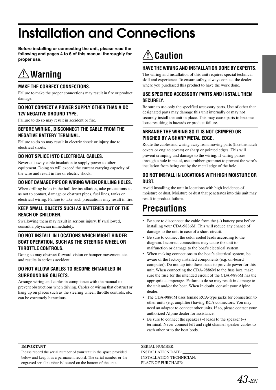 Installation and connections, Warning, Caution | Precautions | Alpine CDA-9886M User Manual | Page 45 / 50