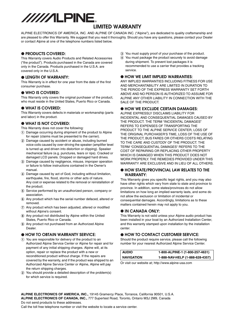 Limited warranty | Alpine CDA-9886M User Manual | Page 50 / 50