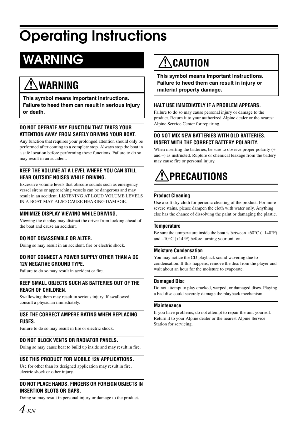 Operating instructions, Warning, Caution | Precautions | Alpine CDA-9886M User Manual | Page 6 / 50