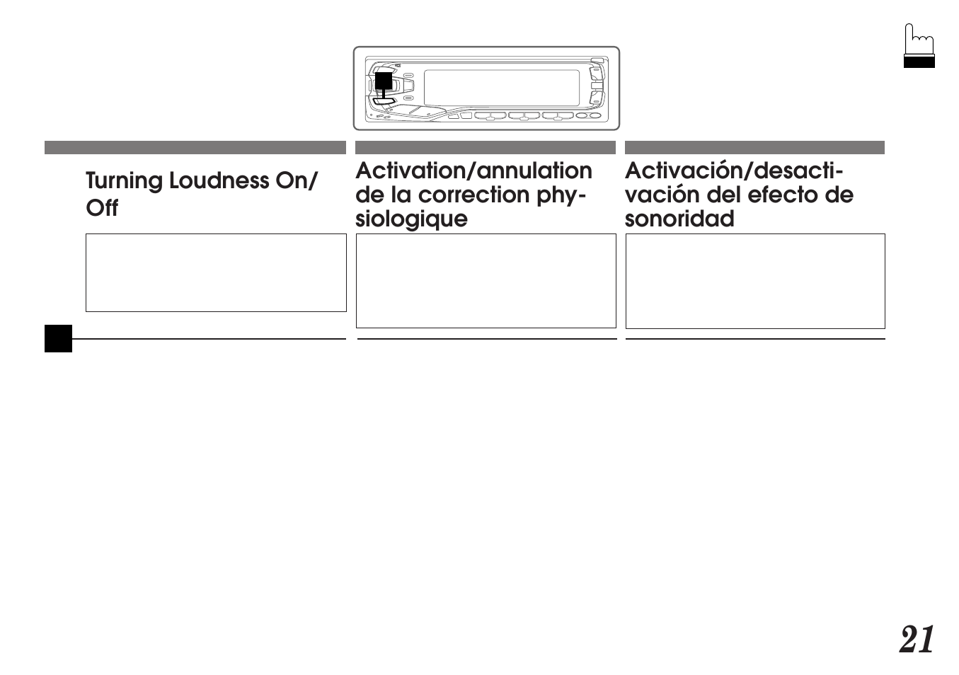 Turning loudness on/ off, Activación/desacti- vación del efecto de sonoridad | Alpine MDA-7755 User Manual | Page 21 / 96