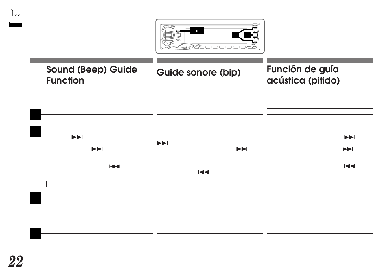Sound (beep) guide function, Guide sonore (bip), Función de guía acústica (pitido) | Alpine MDA-7755 User Manual | Page 22 / 96