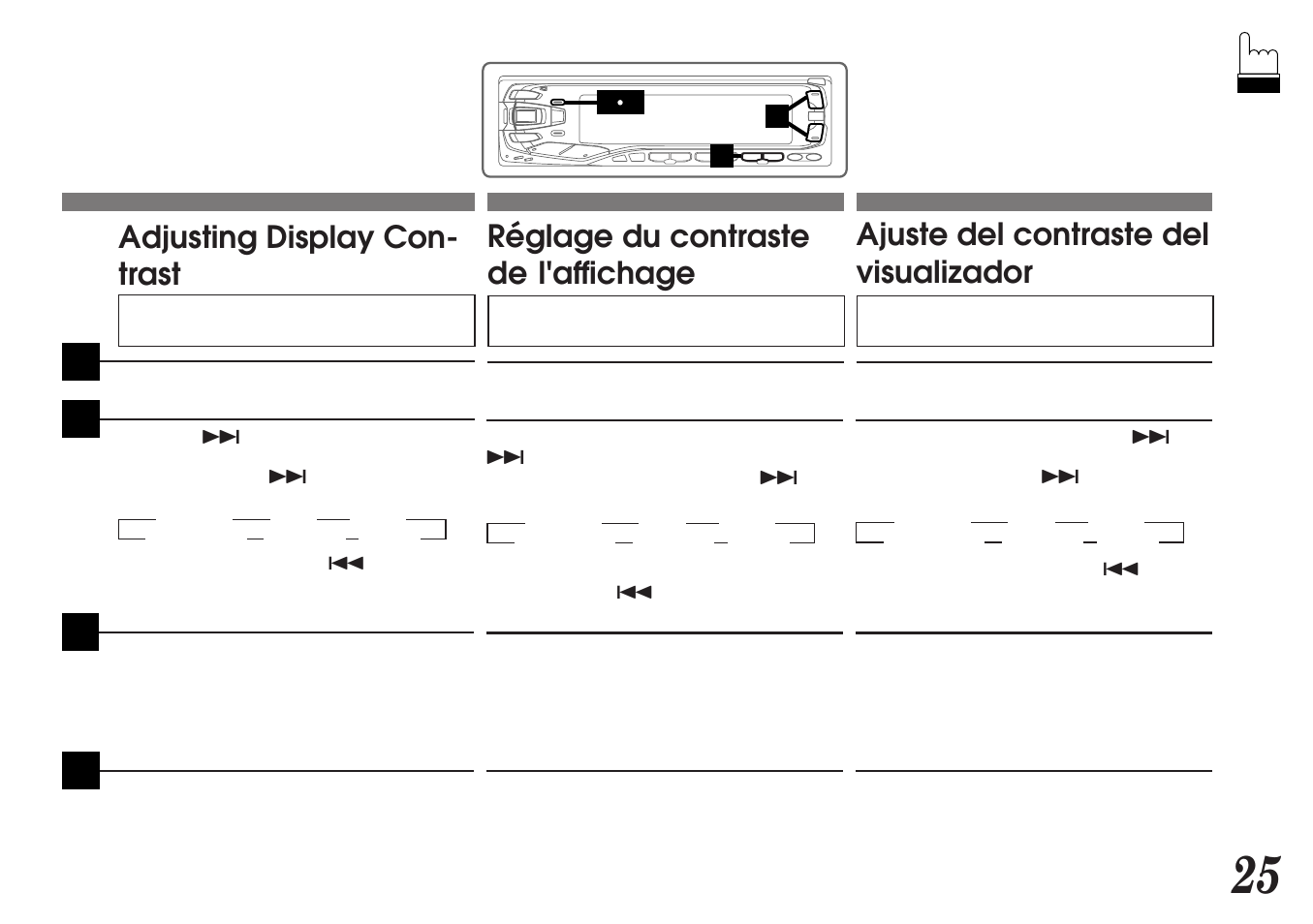 Réglage du contraste de l'affichage, Adjusting display con- trast, Ajuste del contraste del visualizador | Alpine MDA-7755 User Manual | Page 25 / 96