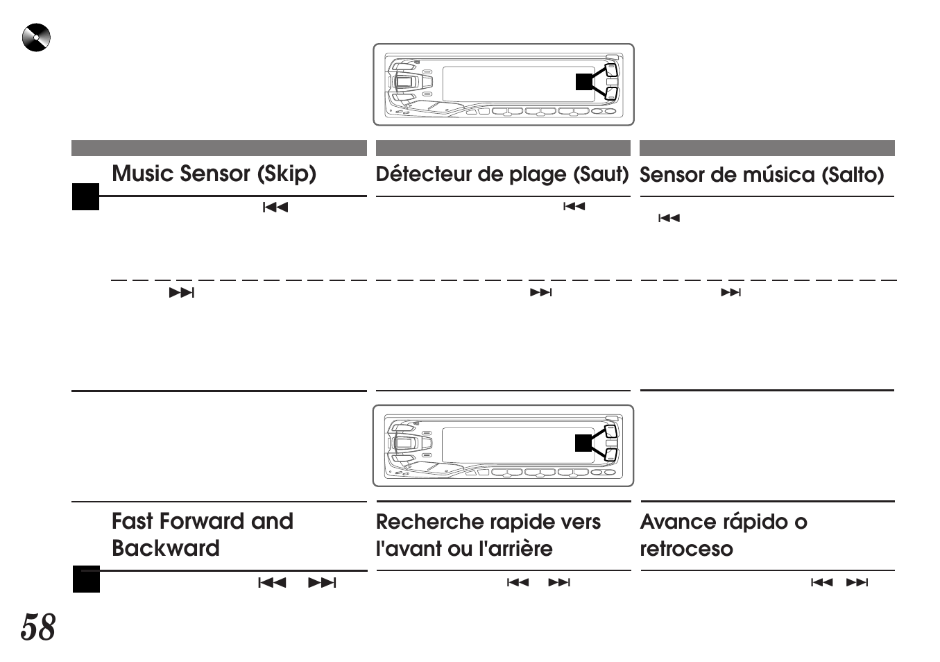 Music sensor (skip), Fast forward and backward, Détecteur de plage (saut) sensor de música (salto) | Alpine MDA-7755 User Manual | Page 58 / 96