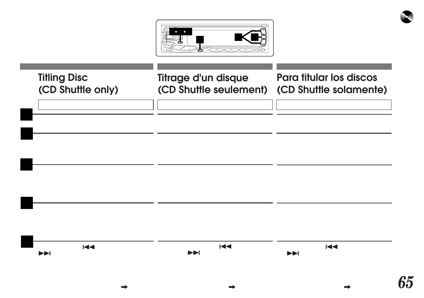 Para titular los discos (cd shuttle solamente), Titrage d'un disque (cd shuttle seulement), Titling disc (cd shuttle only) | Alpine MDA-7755 User Manual | Page 65 / 96