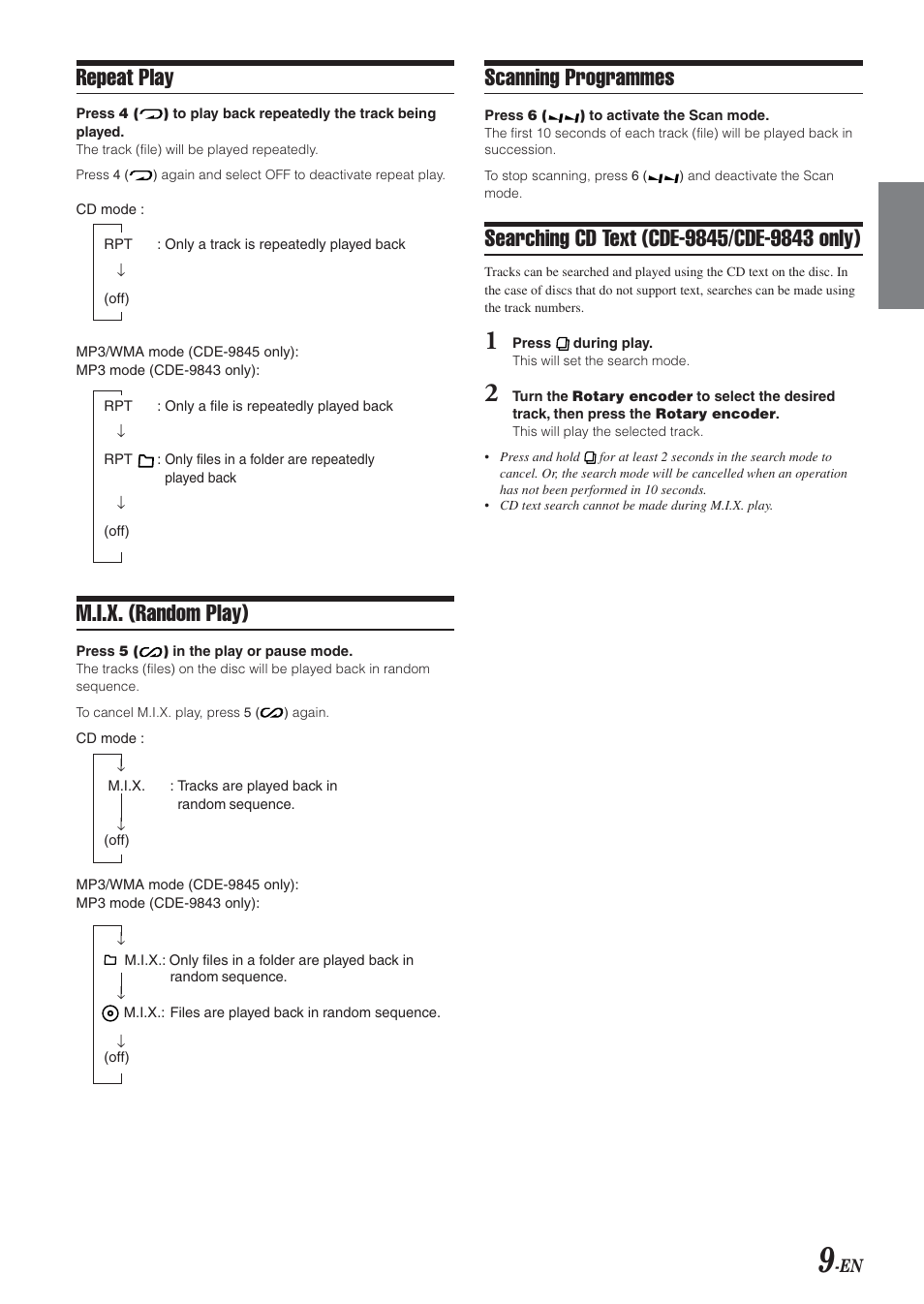 Scanning programmes, Repeat play, M.i.x. (random play) | Alpine CDE-9843 User Manual | Page 10 / 72
