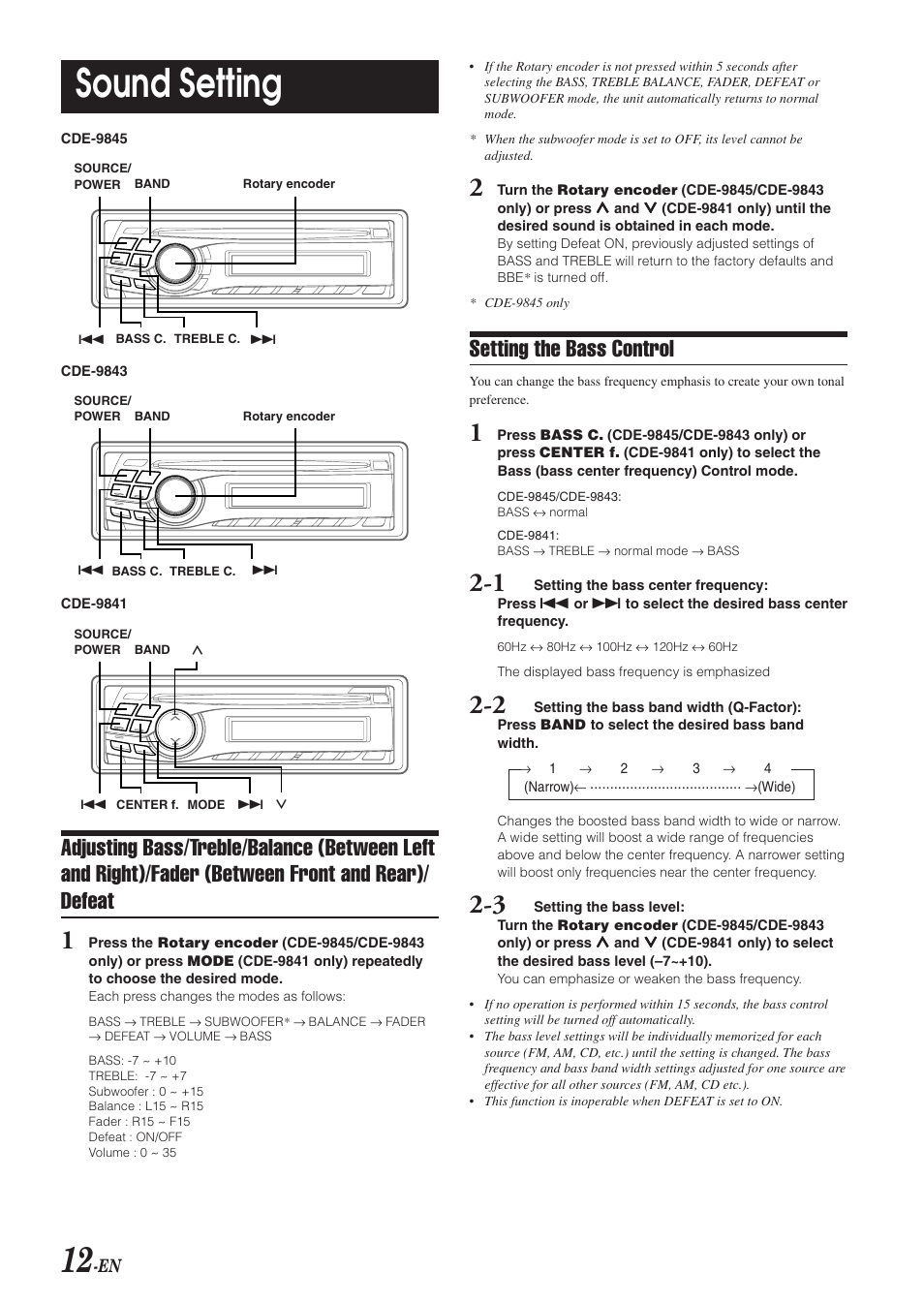 Sound setting, Setting the bass control | Alpine CDE-9843 User Manual | Page 13 / 72