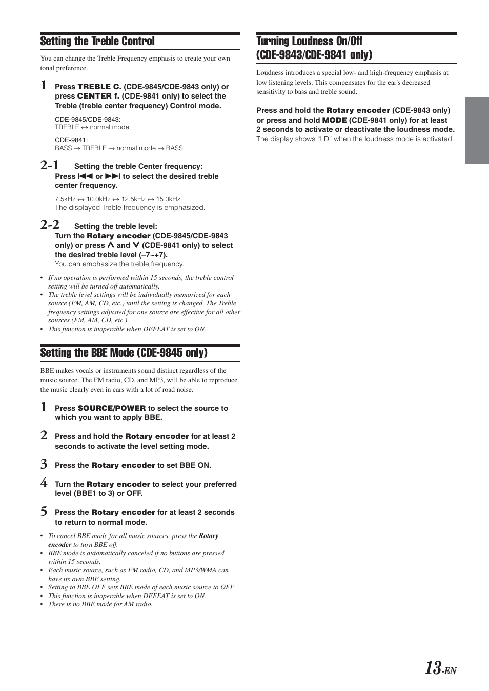 Setting the treble control, Setting the bbe mode (cde-9845 only) | Alpine CDE-9843 User Manual | Page 14 / 72