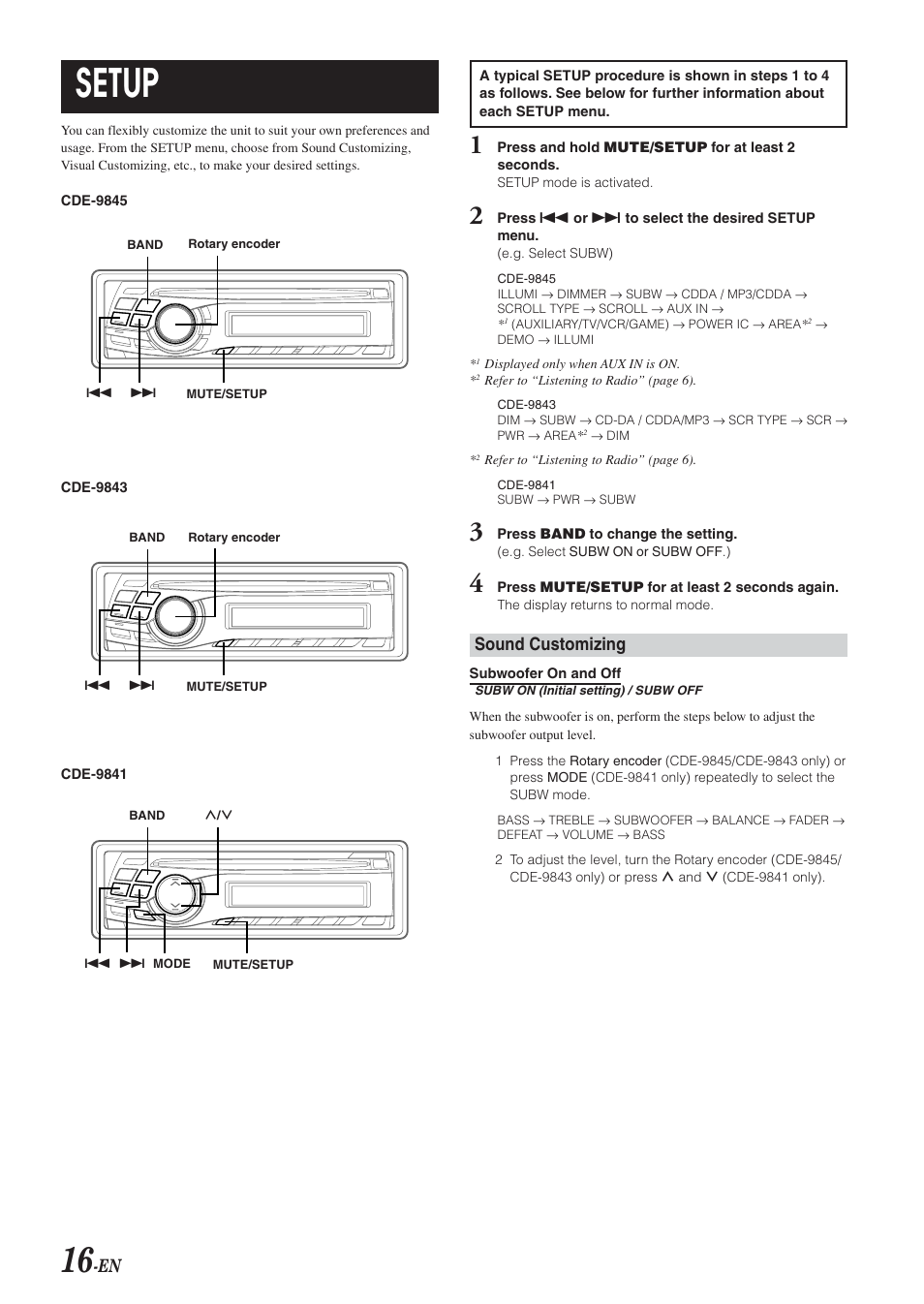 Setup, Sound customizing | Alpine CDE-9843 User Manual | Page 17 / 72