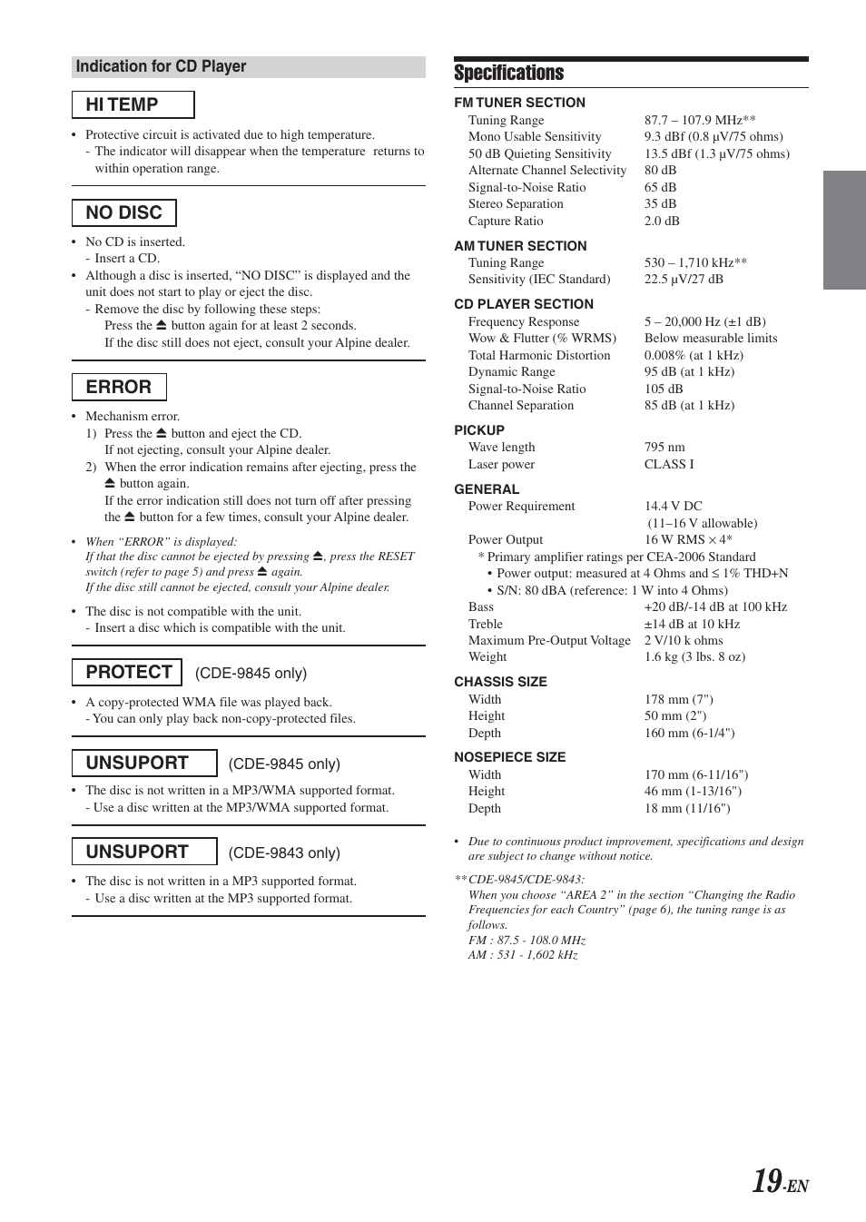 Specifications, Hi temp, No disc | Error, Protect, Unsuport | Alpine CDE-9843 User Manual | Page 20 / 72