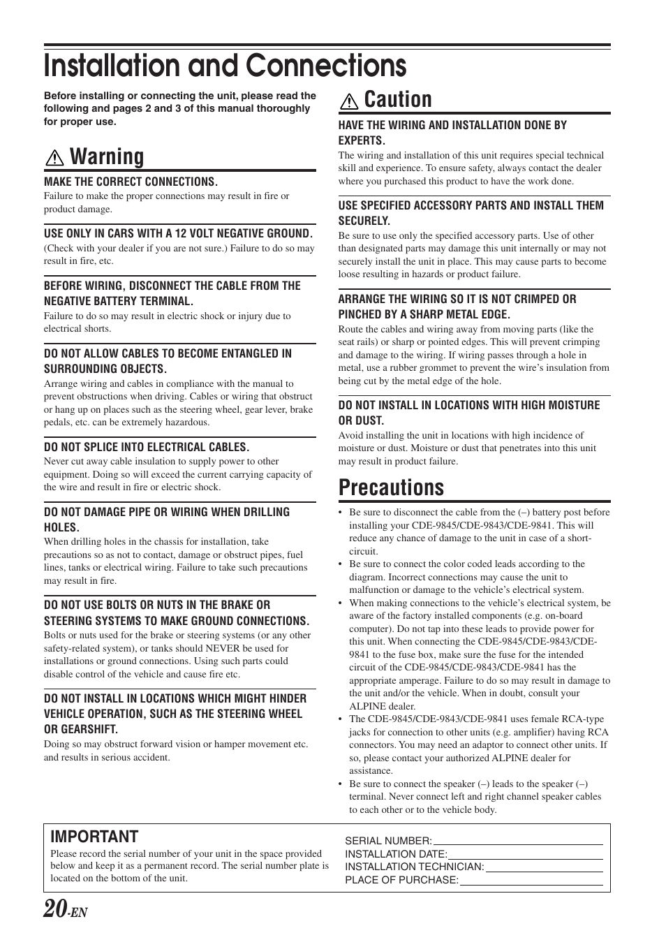 Installation and connections, Caution, Precautions | Warning, Important | Alpine CDE-9843 User Manual | Page 21 / 72