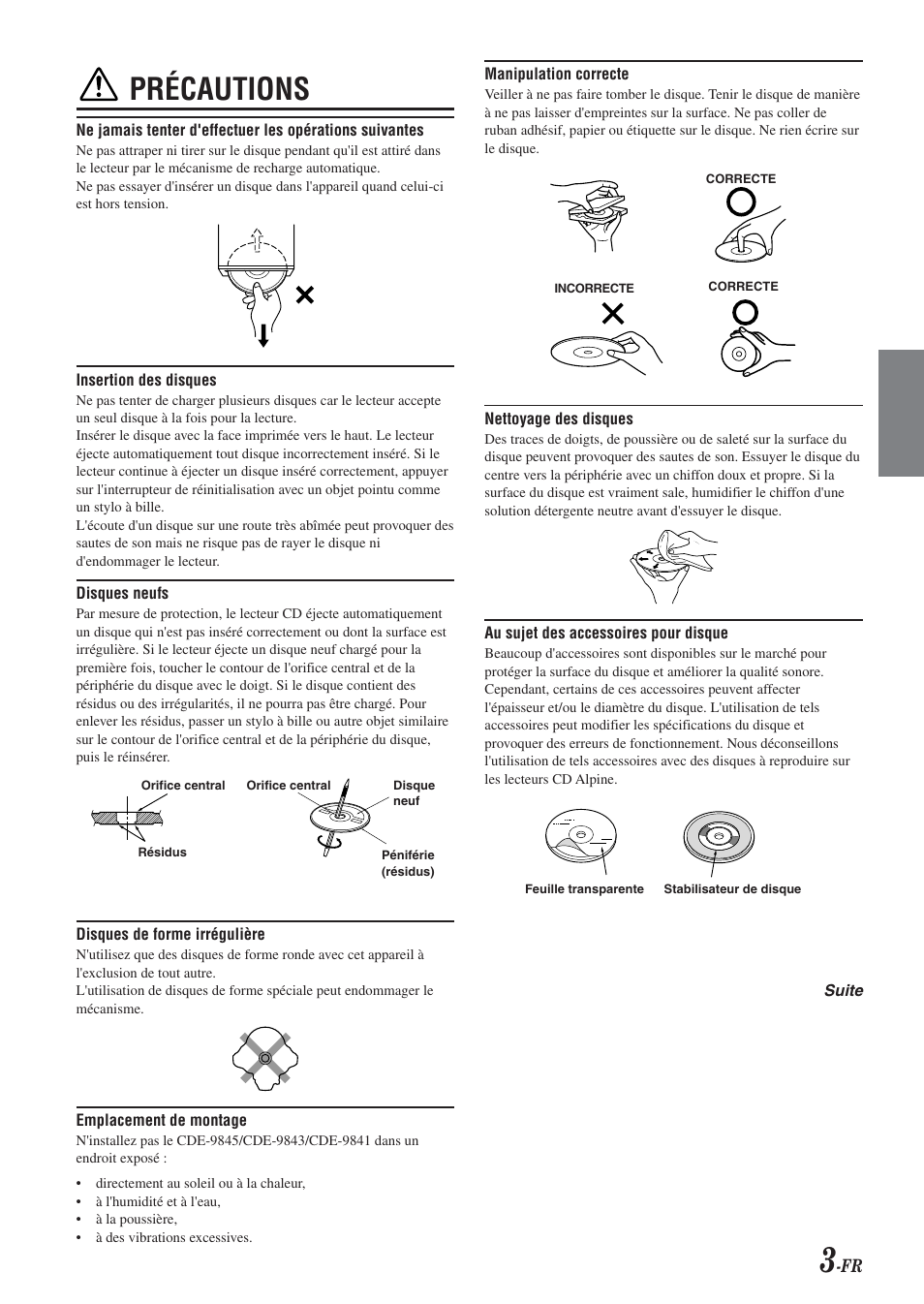 Précautions | Alpine CDE-9843 User Manual | Page 28 / 72
