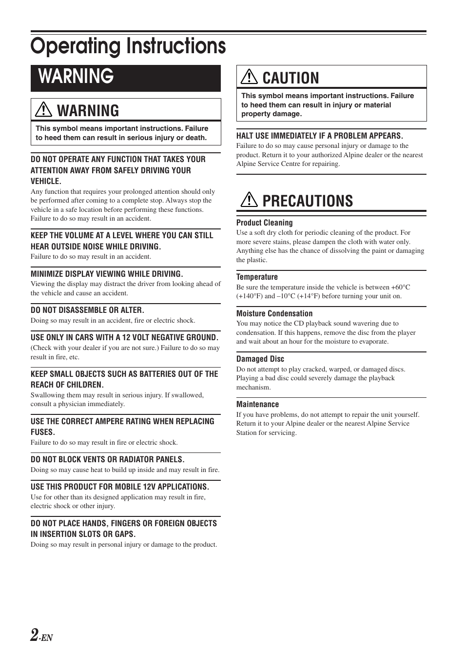 Operating instructions, Warning, Caution | Precautions | Alpine CDE-9843 User Manual | Page 3 / 72