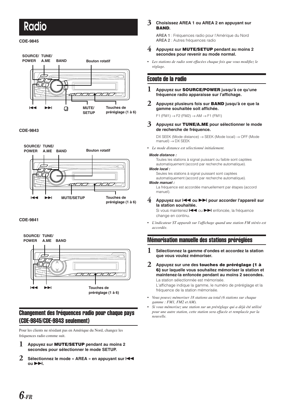 Radio, Ecoute de la radio, Mémorisation manuelle des stations préréglées | Alpine CDE-9843 User Manual | Page 31 / 72