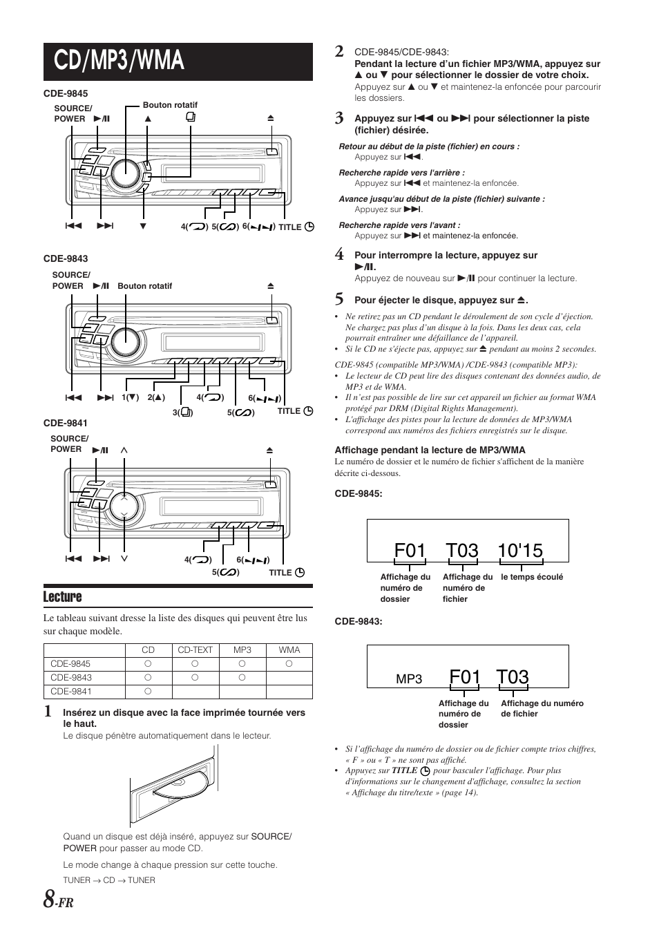 Cd/mp3/wma, F01 t03, Lecture | Alpine CDE-9843 User Manual | Page 33 / 72