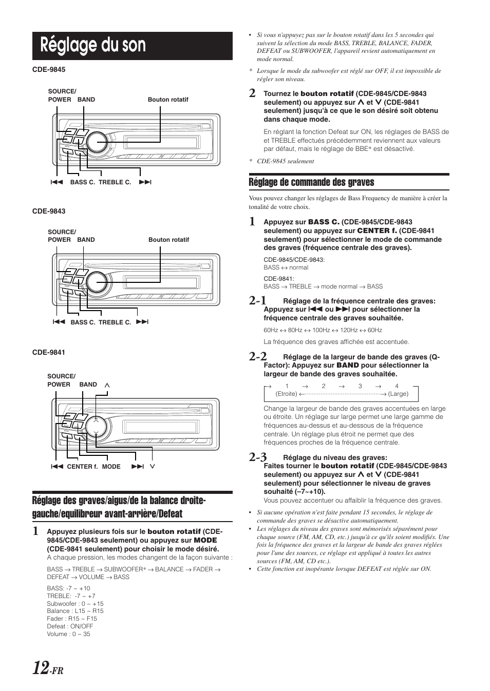 Réglage du son, Réglage de commande des graves | Alpine CDE-9843 User Manual | Page 37 / 72