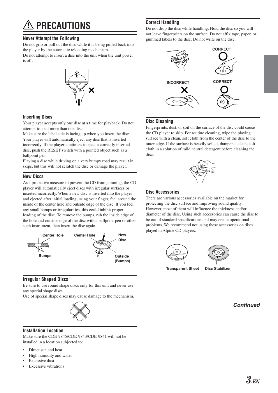 Precautions | Alpine CDE-9843 User Manual | Page 4 / 72