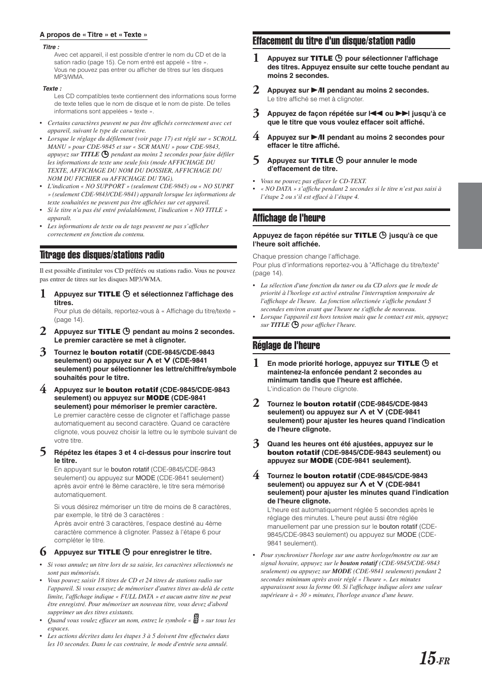 Effacement du titre d'un disque/station radio, Affichage de l'heure, Réglage de l'heure | Titrage des disques/stations radio | Alpine CDE-9843 User Manual | Page 40 / 72