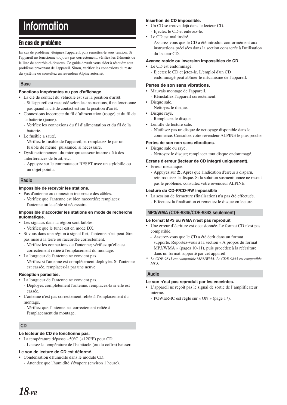 Information, En cas de problème | Alpine CDE-9843 User Manual | Page 43 / 72