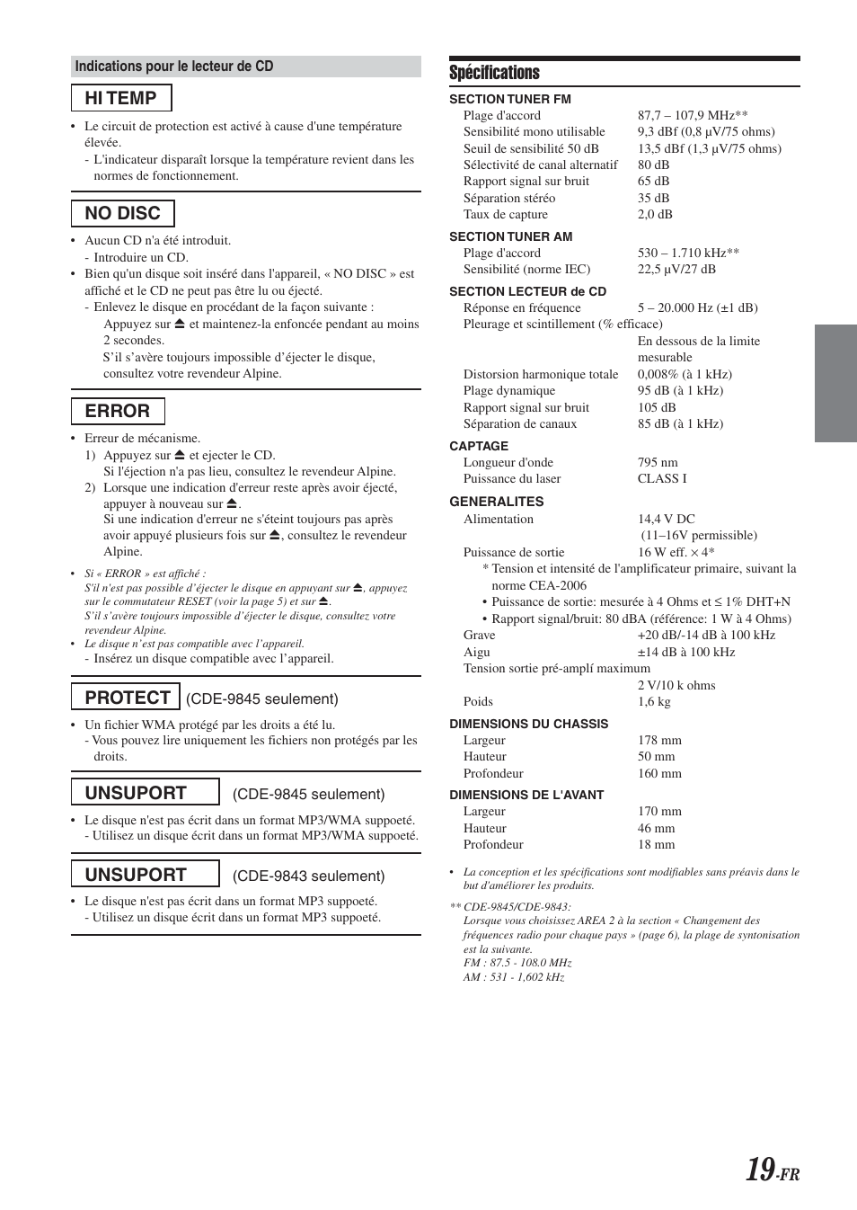 Spécifications, Hi temp, No disc | Error, Protect, Unsuport | Alpine CDE-9843 User Manual | Page 44 / 72