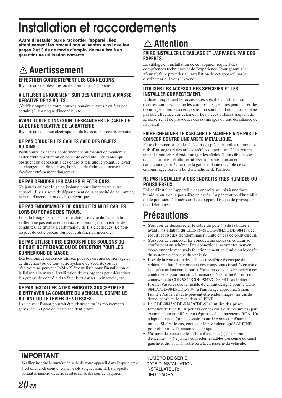 Installation et raccordements, Avertissement, Attention | Précautions, Important | Alpine CDE-9843 User Manual | Page 45 / 72