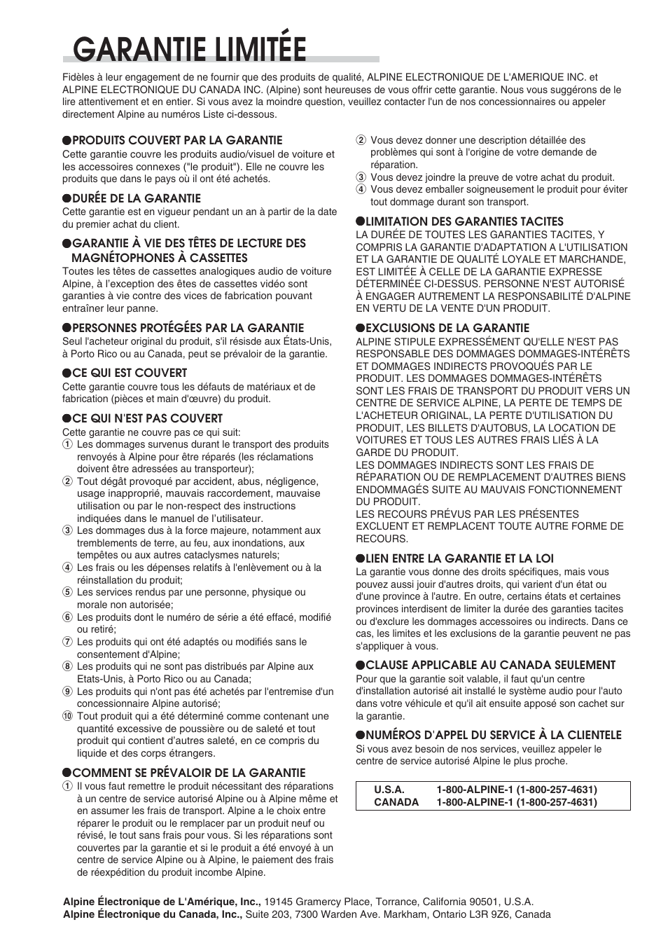 Garantie limitée | Alpine CDE-9843 User Manual | Page 49 / 72
