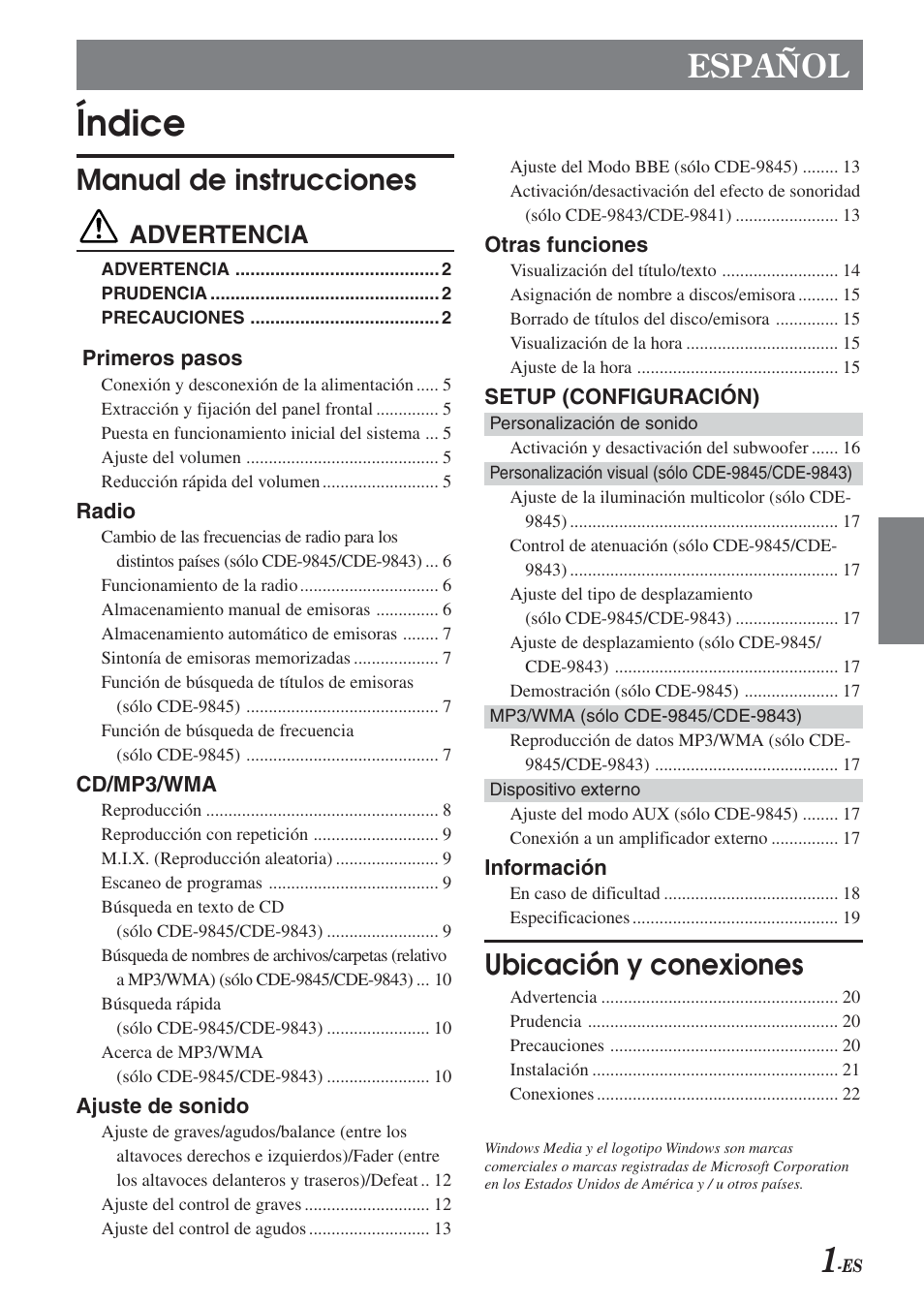 Índice, Español, Manual de instrucciones | Ubicación y conexiones, Advertencia | Alpine CDE-9843 User Manual | Page 50 / 72