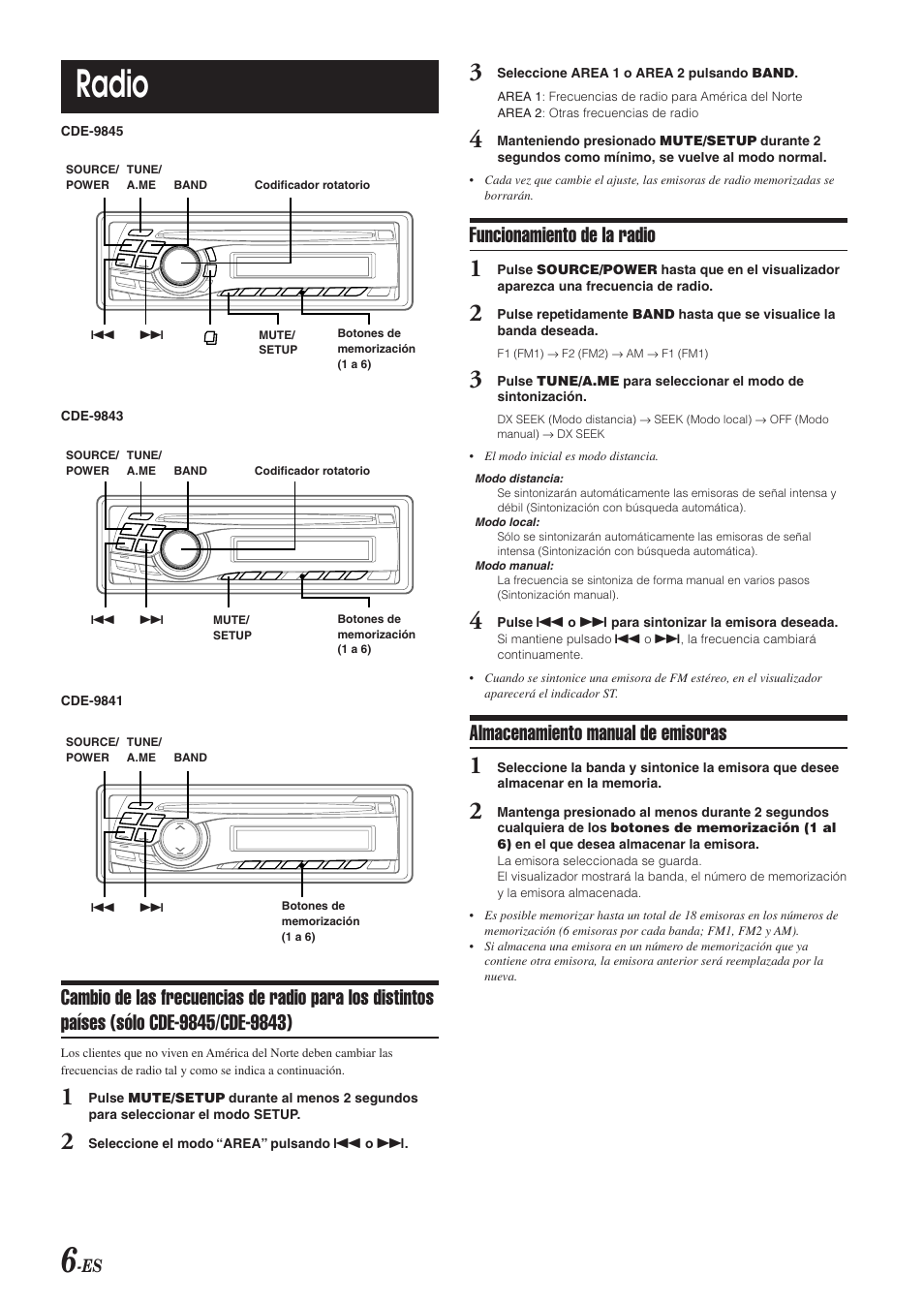 Radio, Funcionamiento de la radio, Almacenamiento manual de emisoras | Alpine CDE-9843 User Manual | Page 55 / 72