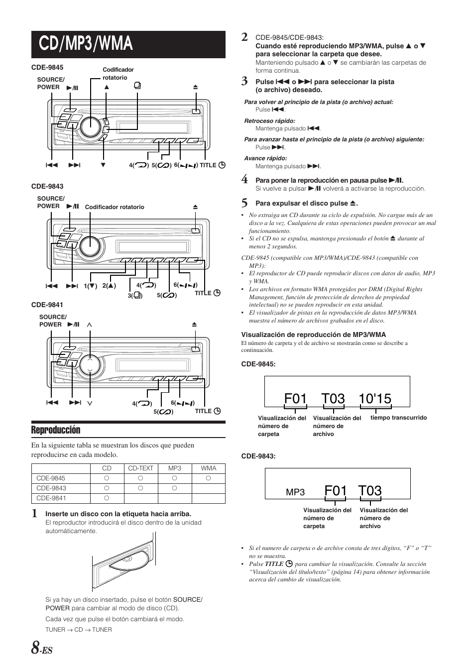 Cd/mp3/wma, F01 t03, Reproducción | Alpine CDE-9843 User Manual | Page 57 / 72