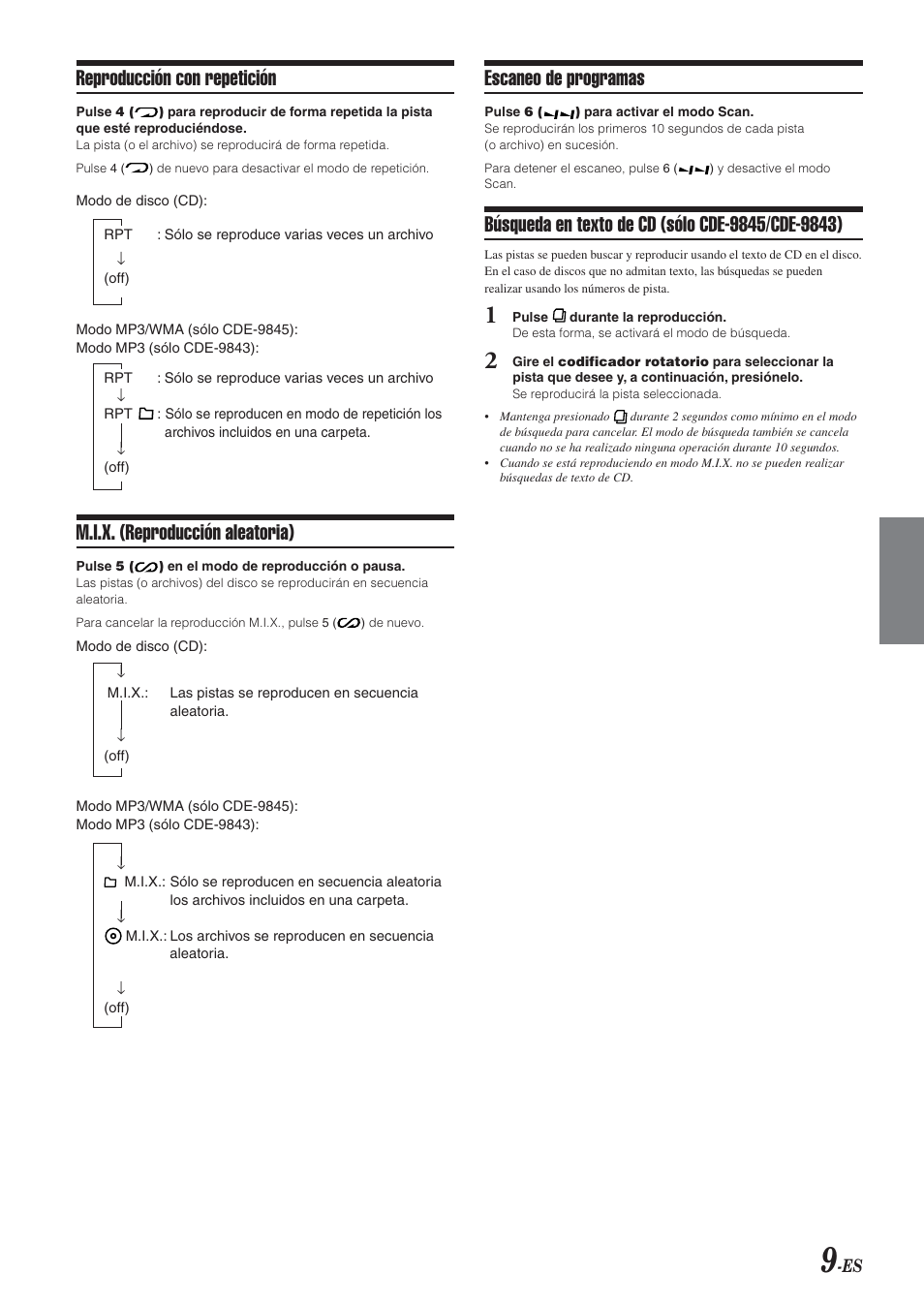Reproducción con repetición, M.i.x. (reproducción aleatoria), Escaneo de programas | Alpine CDE-9843 User Manual | Page 58 / 72