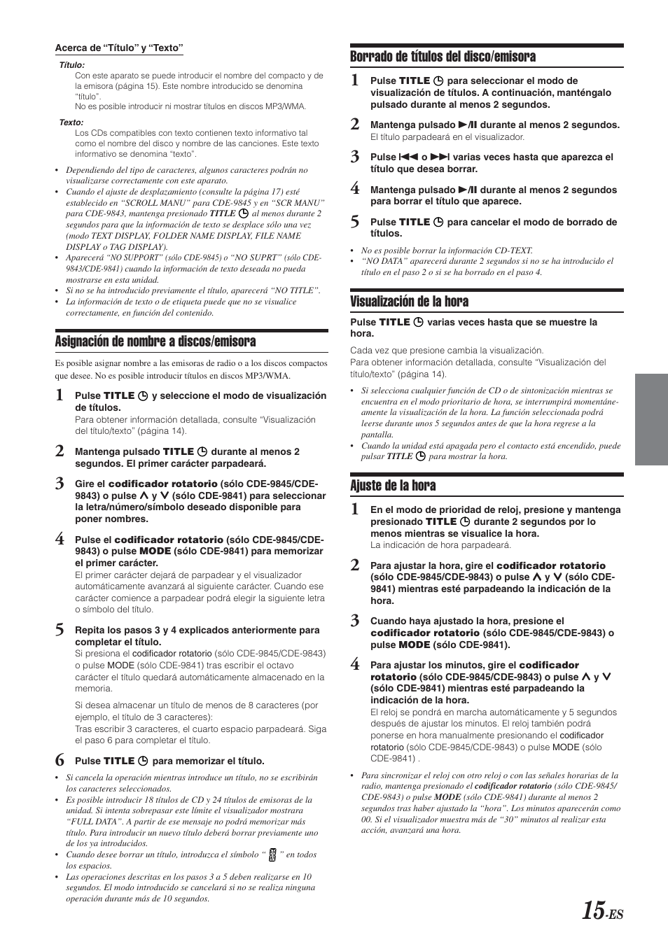 Asignación de nombre a discos/emisora, Borrado de títulos del disco/emisora, Visualización de la hora | Ajuste de la hora | Alpine CDE-9843 User Manual | Page 64 / 72