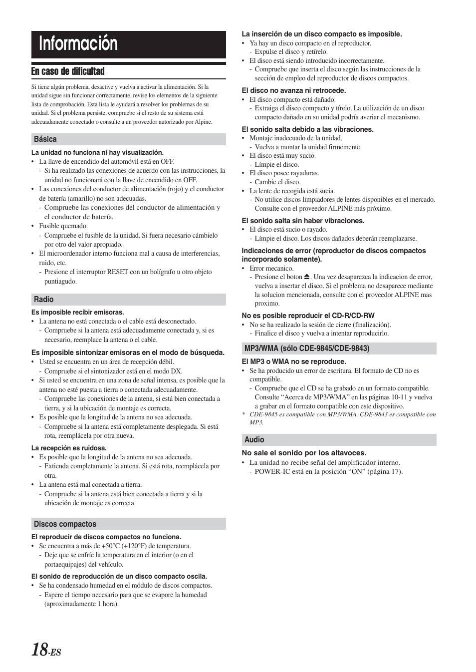 Información, En caso de dificultad | Alpine CDE-9843 User Manual | Page 67 / 72
