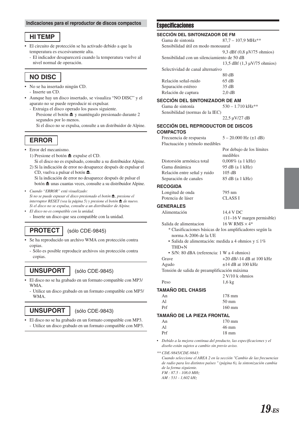 Especificaciones, Hi temp, No disc | Error, Protect, Unsuport | Alpine CDE-9843 User Manual | Page 68 / 72
