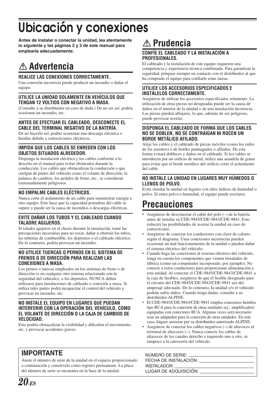 Ubicación y conexiones, Advertencia, Prudencia | Precauciones, Importante | Alpine CDE-9843 User Manual | Page 69 / 72