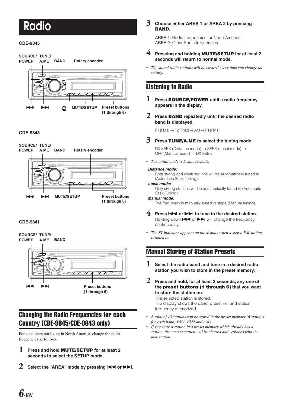 Radio, Listening to radio, Manual storing of station presets | Alpine CDE-9843 User Manual | Page 7 / 72