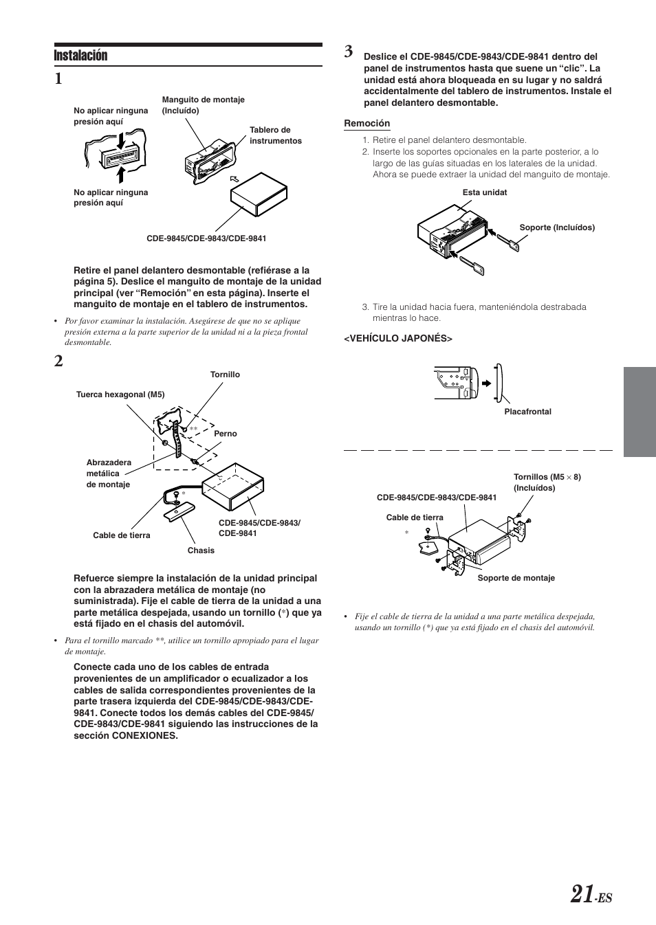 Instalación | Alpine CDE-9843 User Manual | Page 70 / 72