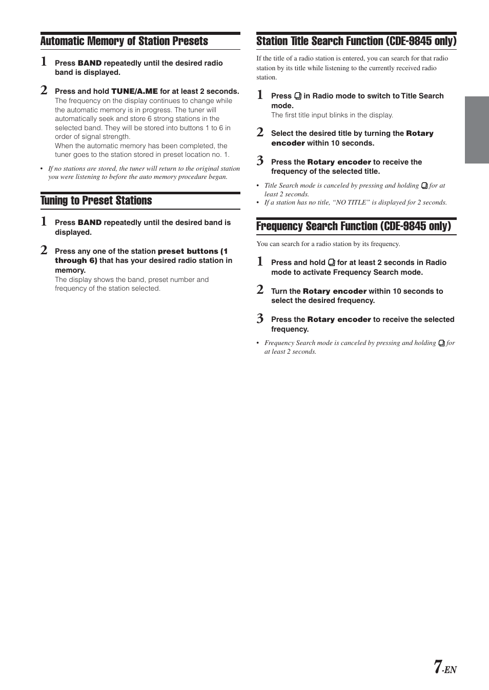 Tuning to preset stations, Station title search function (cde-9845 only), Frequency search function (cde-9845 only) | Alpine CDE-9843 User Manual | Page 8 / 72