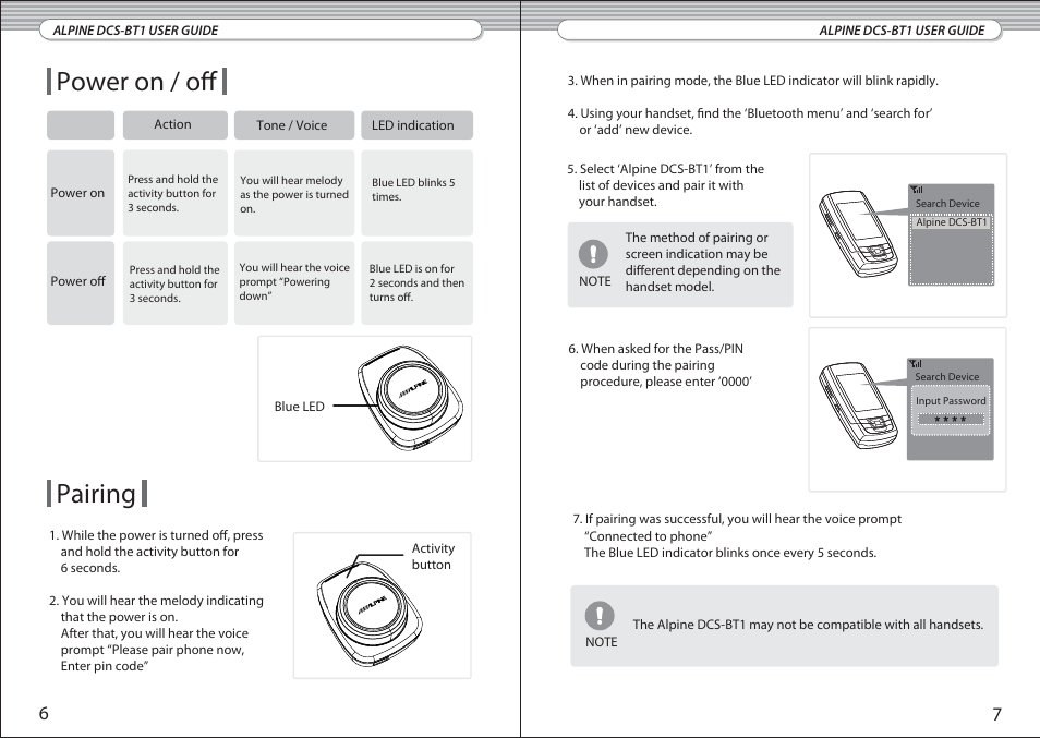 Power on / off, Pairing | Alpine DCS-BT1 User Manual | Page 4 / 10