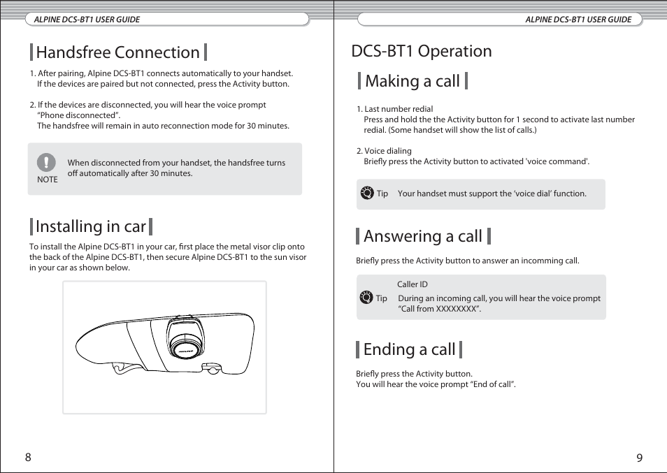Handsfree connection, Installing in car, Dcs-bt1 operation making a call | Answering a call, Ending a call | Alpine DCS-BT1 User Manual | Page 5 / 10