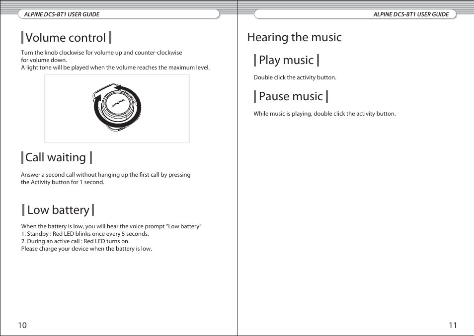 Volume control, Call waiting, Low battery | Play music, Hearing the music pause music | Alpine DCS-BT1 User Manual | Page 6 / 10
