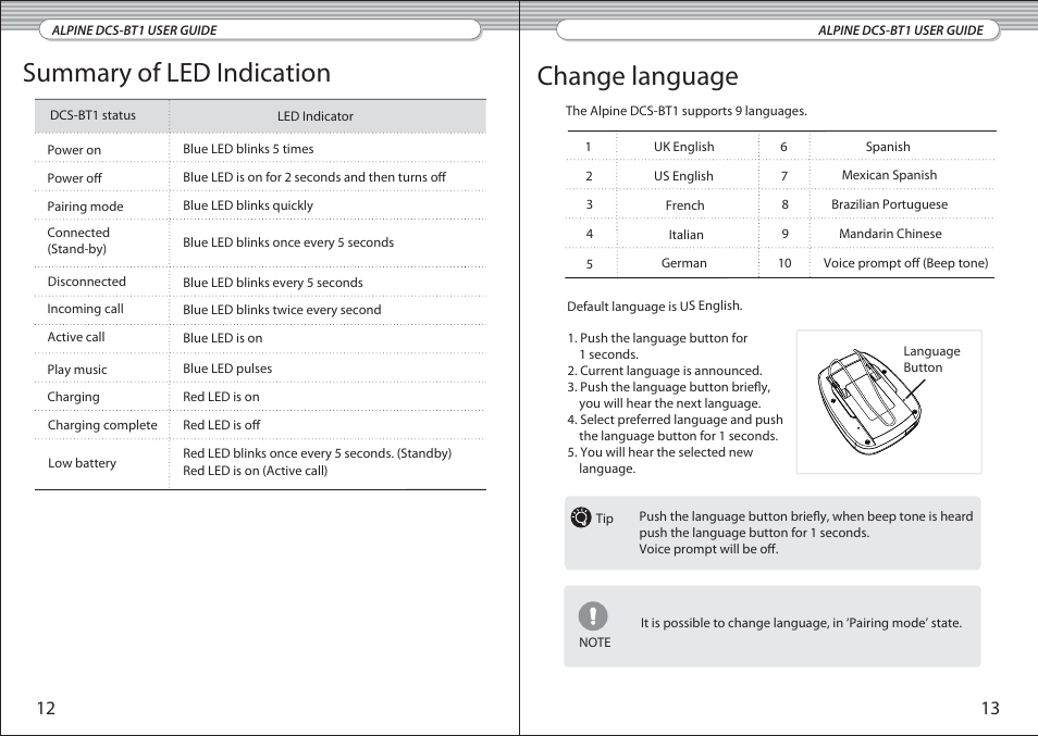 Summary of led indication, Change language | Alpine DCS-BT1 User Manual | Page 7 / 10