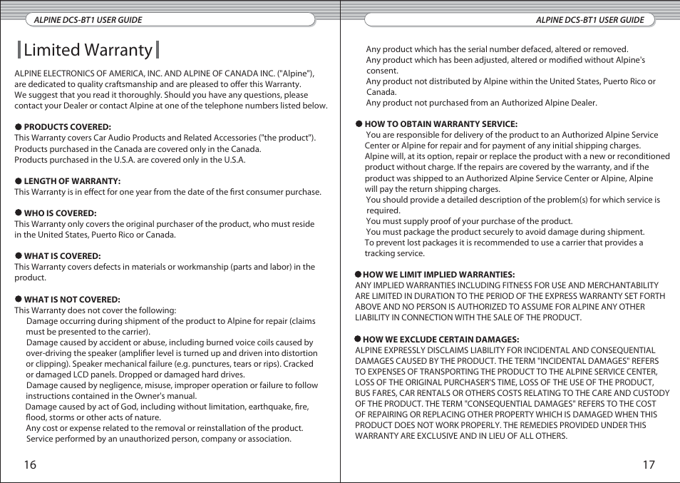Limited warranty | Alpine DCS-BT1 User Manual | Page 9 / 10
