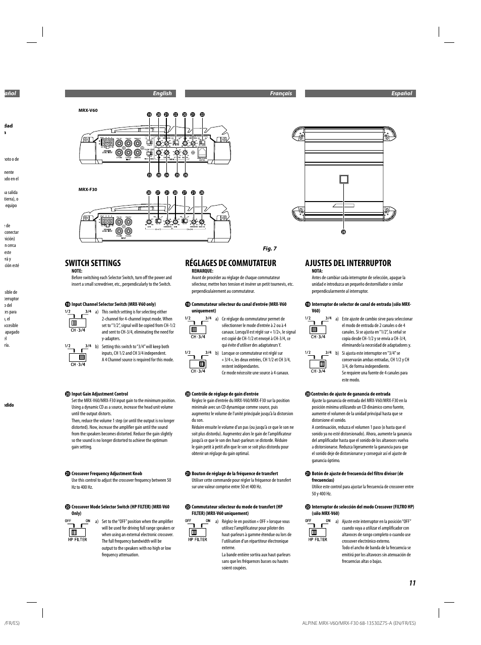 Switch settings, Réglages de commutateur, Ajustes del interruptor | Alpine MRX-F30 User Manual | Page 11 / 20
