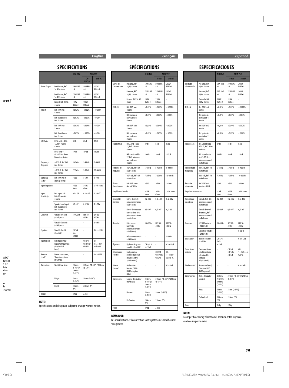 Specifications, Spécifications, Especificaciones | Ur et à, English français español | Alpine MRX-F30 User Manual | Page 19 / 20