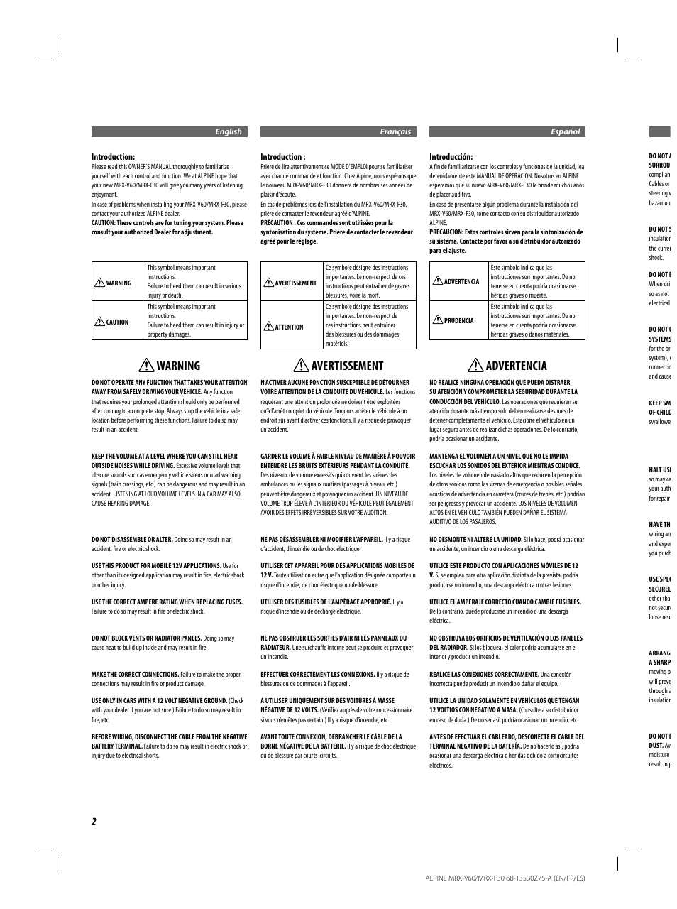 Warning, Avertissement, Advertencia | Alpine MRX-F30 User Manual | Page 2 / 20