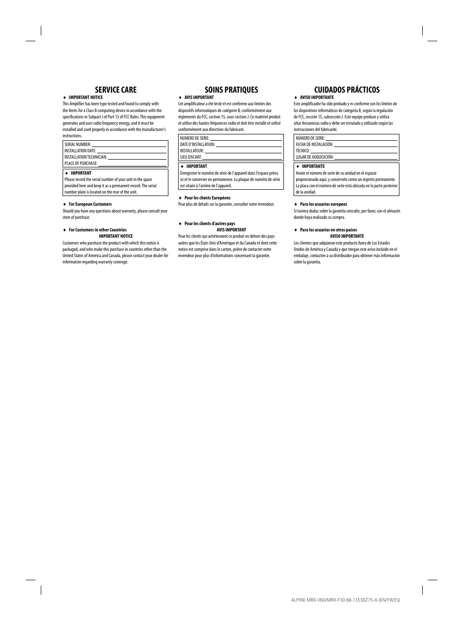 Service care, Soins pratiques, Cuidados prácticos | Alpine MRX-F30 User Manual | Page 20 / 20