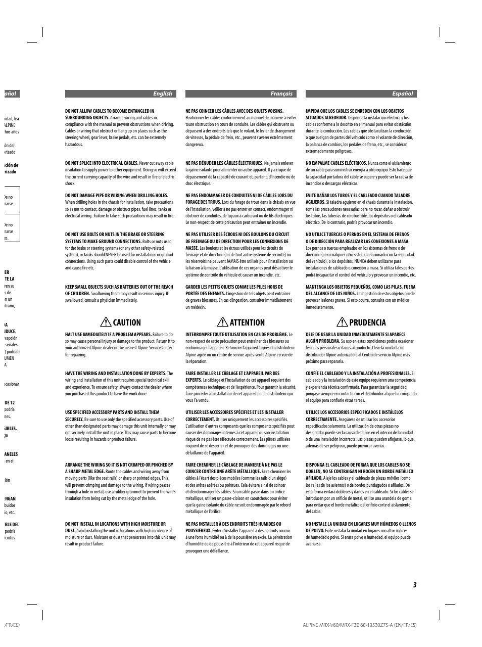 Caution, Attention, Prudencia | Alpine MRX-F30 User Manual | Page 3 / 20