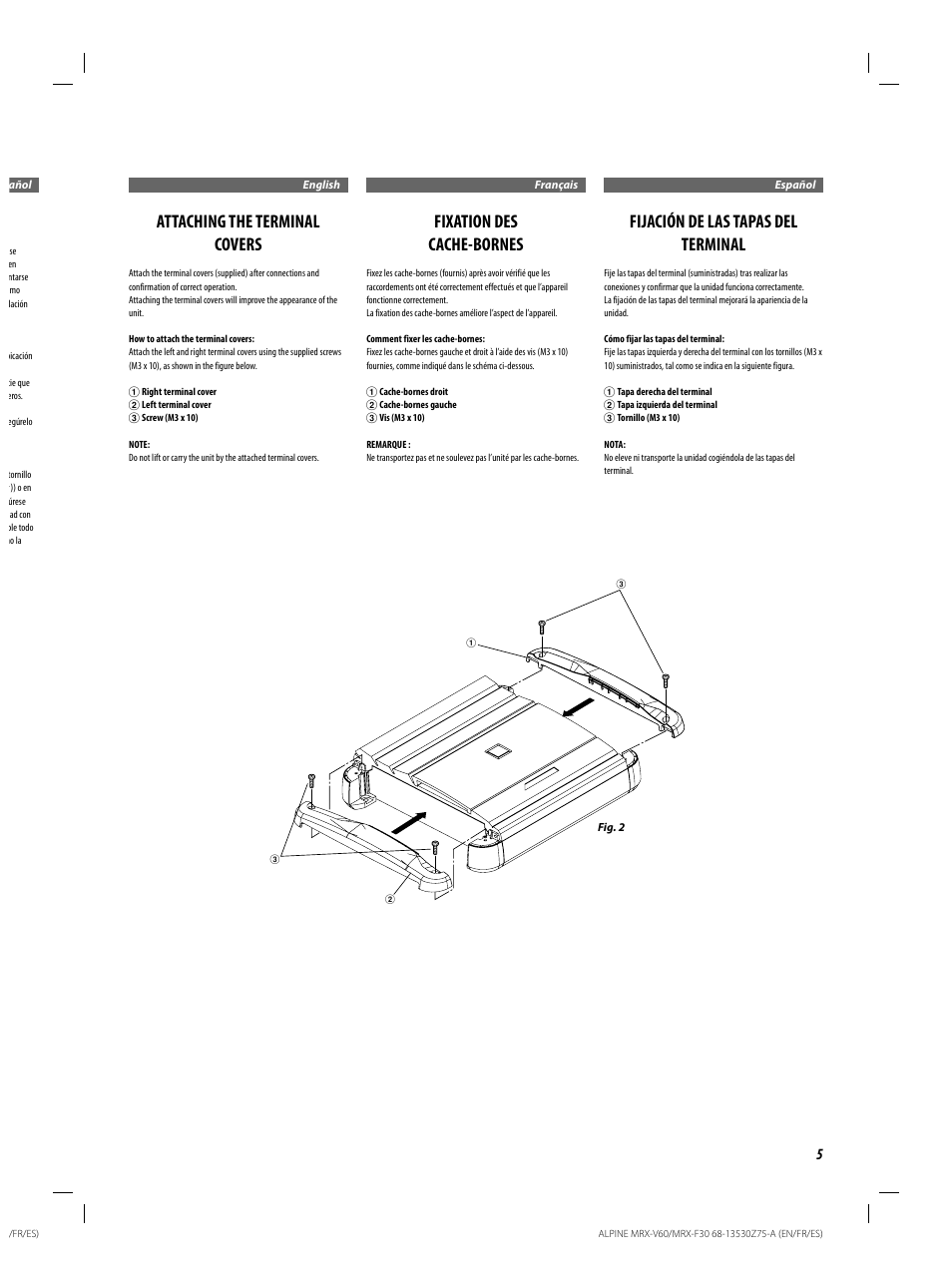 Attaching the terminal covers, Fixation des cache-bornes, Fijación de las tapas del terminal | Alpine MRX-F30 User Manual | Page 5 / 20